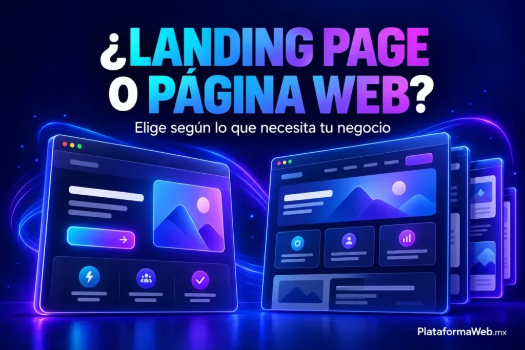 Ilustración de una landing page y un sitio web con varias páginas, con el título «¿Landing page o página web?» sobre fondo azul.